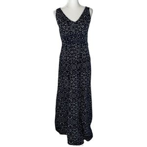 Eddie Bauer Navy & White 100% Cotton Smocked Empire Maxi Dress, Size Medium